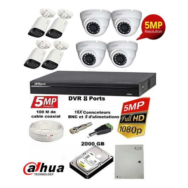 Dahua Pack Complet de 8 Caméras de Surveillance de 5MP 1920P/4K