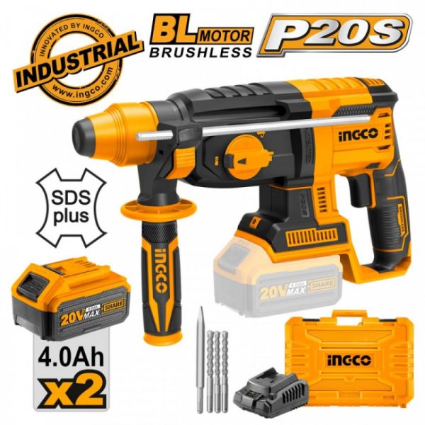 INGCO MARTEAU PERFORATEUR 26MM 20V + 2BATTERIES 4Ah